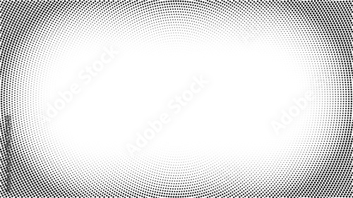 Halftone vignette rectangular frame with pixelated dot border fading to white center. Retro digital gradient background with vintage comic effect. Abstract monochrome vector illustration.