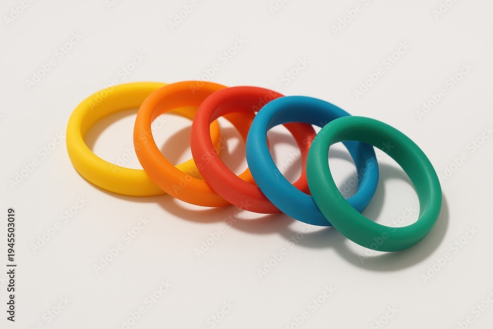 Fototapeta premium Colored ring toy set arranged in a row on white surface minimal