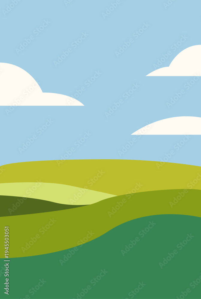 Obraz premium Dibujo sencillo de un paisaje con prados de hierba y un fondo de cielo con nubes