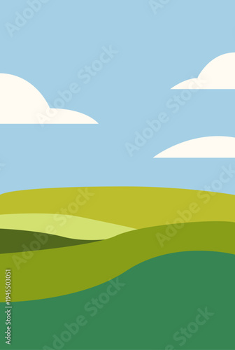 Dibujo sencillo de un paisaje con prados de hierba y un fondo de cielo con nubes