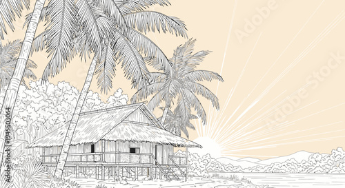 Tropical island hut vector illustration with palm trees and sunset
