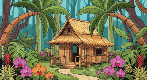 Vector illustration of a tropical hut with palm trees and flowers