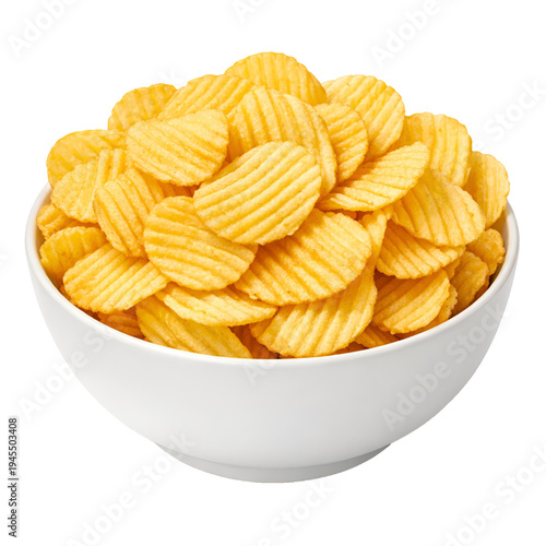 Ridged potato chips in a white ceramic bowl on transparent background. Close-up of salted wavy potato chips pile in a bowl, high-angle view, studio light on transparent Background 