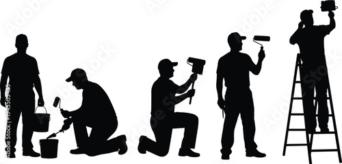 House painter worker silhouette set cad drawing flat vector illustration featuring men with rollers buckets and ladders for home renovation.