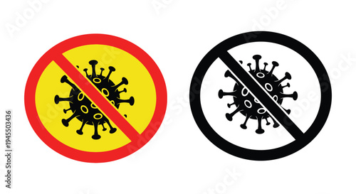 Set of vector graphic illustrations depicting a forbidden sign symbol over a coronavirus molecule design.