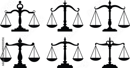 Balance scale silhouettes, justice icons, law symbols, fairness concept, equality representation, courtroom imagery, ethical decision, legal system, vector illustration, black