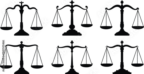 Balance scale silhouettes, justice symbols, legal icons, fairness concept, equality representation, law imagery, ethical decision, courtroom theme, vector illustration, black