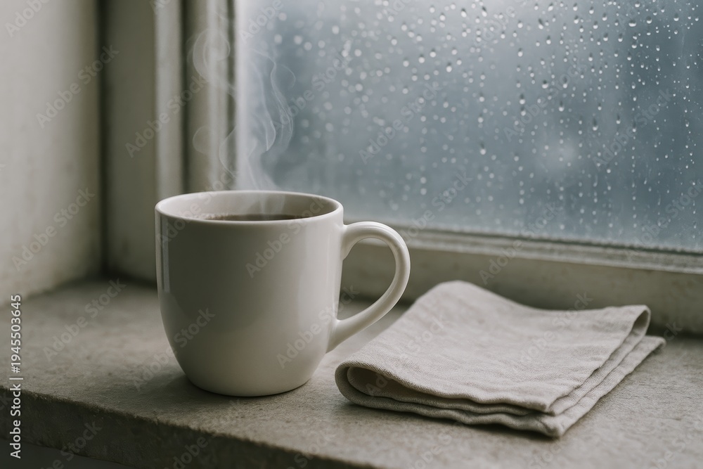 Fototapeta premium Coffee mug steaming next to cloth on wet window sill in cozy atmosphere
