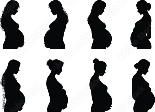 Black vector silhouette set of pregnant women profiles standing and holding their bellies, isolated illustrations for motherhood, pregnancy, and maternity healthcare concepts