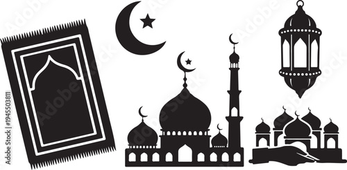 Ramadan Kareem Islamic Silhouette Illustration with Mosque and Lanterns