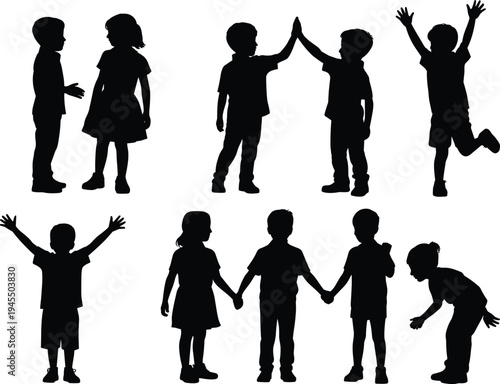 Children silhouette set playing and celebrating, kids friendship poses vector collection, happy boys and girls isolated on white background