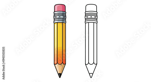 Cartoon vector graphic illustration showing a colored wooden pencil alongside its black and white outline version