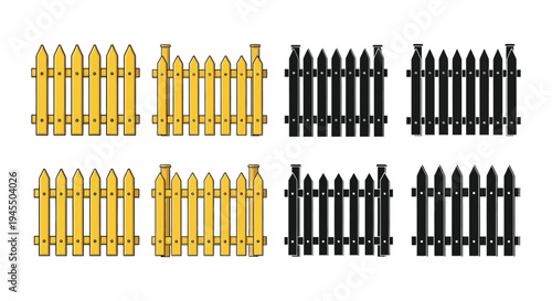 Multiple decorative vector picket fence elements showing different styles and color variations for illustrations.