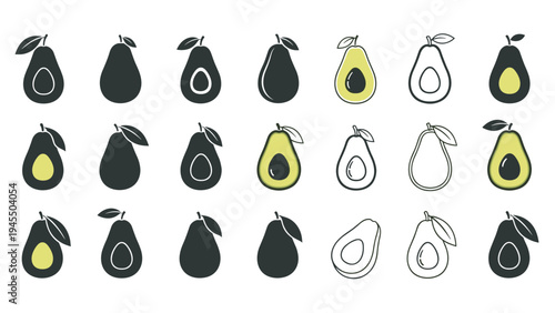 Avocado fruit icon set featuring halved and whole designs in various styles from silhouettes to detailed line drawings.