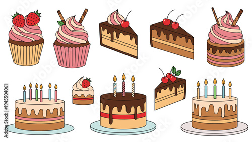Delicious dessert collection of decorated cupcakes slices of chocolate cake and birthday cakes with candles and berries.