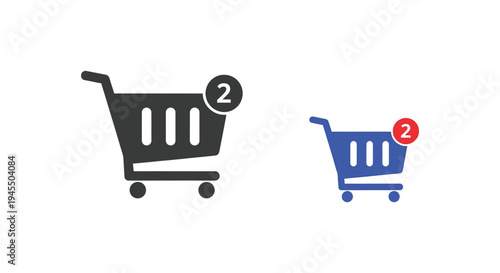 Vector illustration set featuring two contrasting shopping cart icons with notification badges indicating quantity