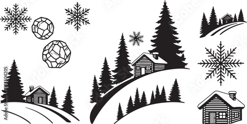 Winter Wonderland Scene with Snowflakes and Cozy Houses Silhouette