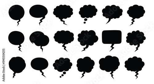 A diverse collection of black vector speech and thought bubbles, perfect for comic designs and communication graphics.