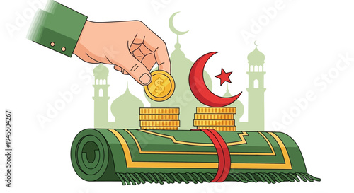 A hand putting a coin on a stack of coins on a green prayer mat with a crescent moon and mosque in the background during Ramadan.