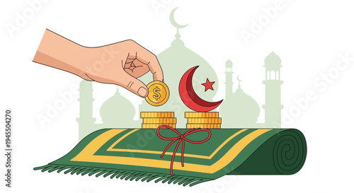 A hand placing coins on a prayer mat with a mosque and crescent moon in the background for charity.