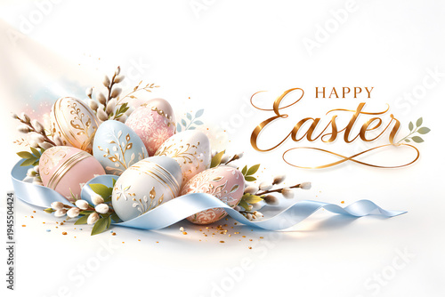 Luxury Easter greeting card with gold “Happy Easter” calligraphy, ornate pastel Easter eggs, willow branches light background with copy space.  Elegant  easter card