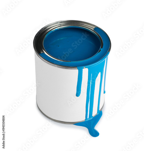 Can of blue paint on white ...