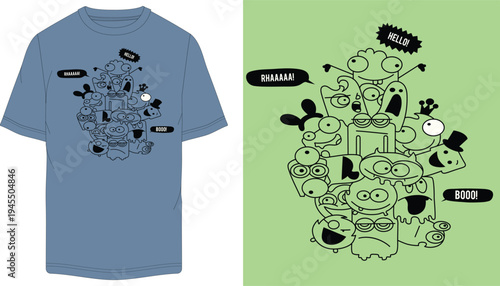 Vector illustration set of 2 t-shirt designs with cartoon characters