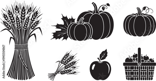 Black and white illustrations of harvest fruits and grains