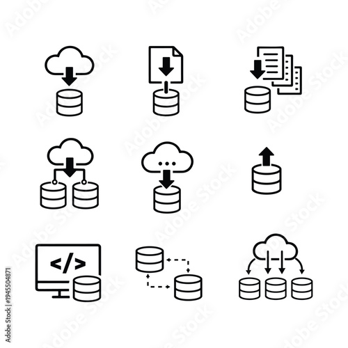 Cloud Computing Database Icons, Data Upload Download Storage and Server System Line Set