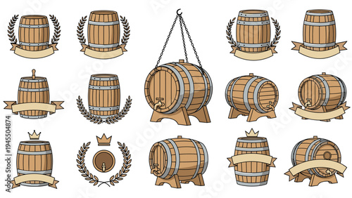 Traditional wooden barrel emblems and labels with wreaths and ribbons for brewery winery and distillery branding projects.