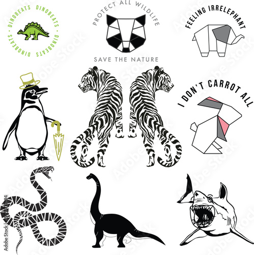 Set of 9 Unique Animal Illustrations Vector Collection Featuring Dinosaurs, Wildlife, and Origami Style Designs for Nature-Themed Projects