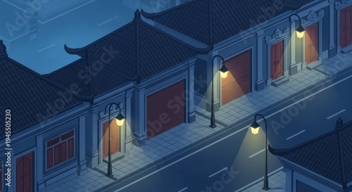 Quiet night scene illustrating traditional Asian city street with classic buildings and glowing streetlights, evoking a serene urban evening atmosphere