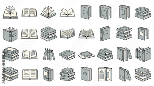 Collection of open and closed book icons in various perspectives and stacks for library education and bookstore themes.