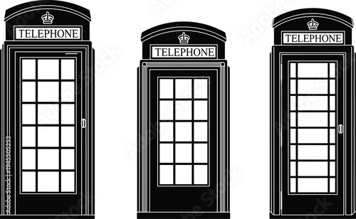 Classic British telephone booth silhouettes featuring iconic London phone boxes, vintage public communication kiosk vector illustration set isolated on white background