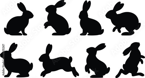 Rabbit silhouettes, animal poses, wildlife icons, bunny vector illustration, nature concept, leaping rabbits, crouching design, sitting stance, black artwork, zoology
