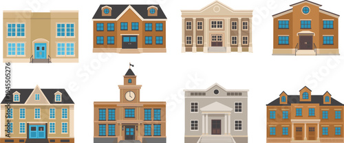 Vector illustration of eight diverse school buildings with classical, colonial, and modern designs, clock tower, flag, and unique architecture, educational facility icons for learning, teaching, and a