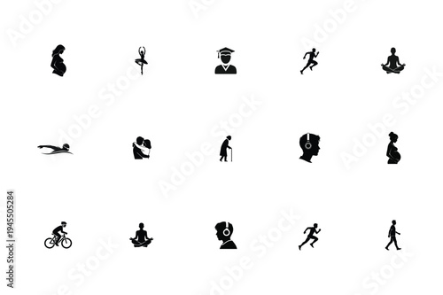 Diverse silhouettes depicting human activities and life stages in a minimalist style