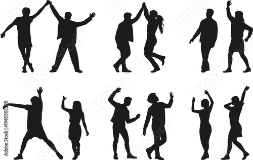 Silhouette dancers, expressive movement, energetic poses, social interaction, celebration, teamwork, performance art, dynamic figures, dance couple, joyful motion, unity, rhythm, choreography