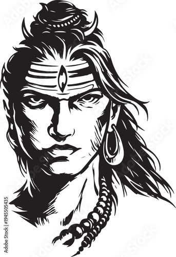 Lord Shiva Vector Illustration - Powerful Hindu God Portrait in Black and White Line Art Style, Maha Shivaratri Divine Spiritual Deity Graphic, Creative Religious Art for T-Shirt Design and Print.