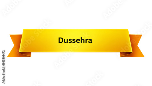 Dussehra Hindu Festival Golden Ribbon Banner , Indian Religious Victory of Good Over Evil Celebration Greeting Template with Yellow Decorative Scroll Ribbon Isolated on White Background