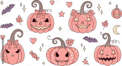 Cute Halloween pumpkin jack o lantern set with bats candy hearts leaves moon kawaii vector illustration collection