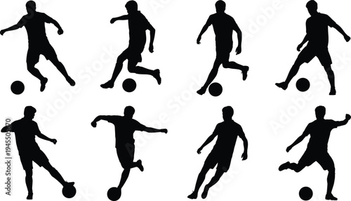 Soccer player silhouettes collection, football dribbling and kicking poses, athlete action figures, black sport silhouettes, isolated vector illustration set
