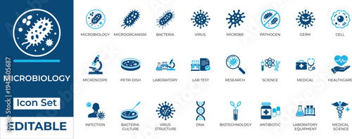 Editable microbiology, medical science, and laboratory vector icon set. Features bacteria, virus, microscope, and DNA icons for healthcare research.