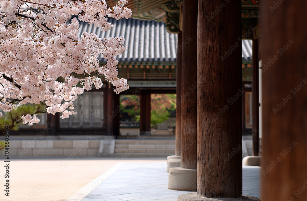Obraz premium Korean pavilion, Spring culture. Traditional Korean architecture pavilion surrounded by pink cherry blossom trees in full bloom
