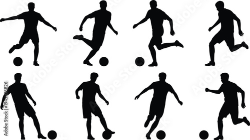 Soccer player silhouettes set, football dribbling poses, athlete kicking ball actions, black sport figures, isolated vector illustration, football training concept