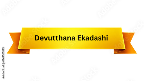 Devutthana Ekadashi Hindu Festival Banner with Yellow Ribbon and Bold Black Text for Religious Celebration and Cultural Observance Design