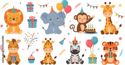 Cute jungle animals birthday party collection with lion elephant monkey giraffe zebra tiger balloons cake gifts cartoon vector set