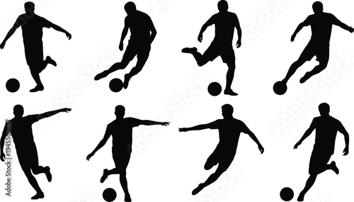 Soccer silhouettes, football players, dynamic action, kicking ball, dribbling skills, sports illustration, athletic movement, teamwork concept, competitive game, vector artwork,
