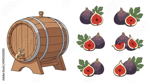 Fig fruit illustrations and a wooden barrel with tap representing traditional preserve making and Mediterranean agriculture.
