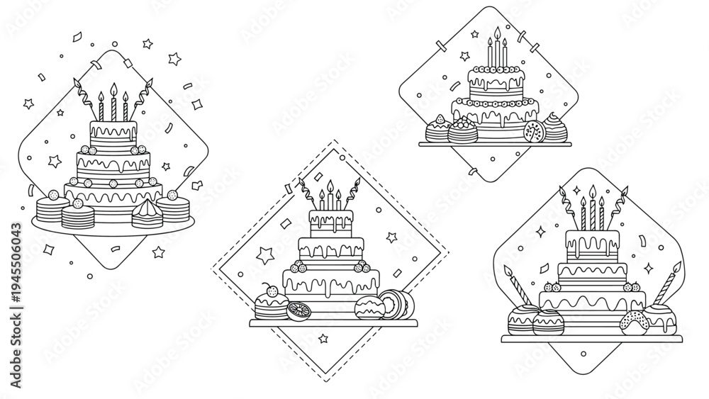 Fototapeta premium Birthday cake outline badges featuring tiered cakes with candles and party decorations for celebration and event planning.
